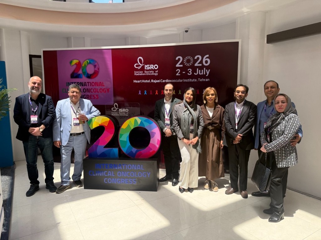 Group photo in front of the 20th International Clinical Oncology Congress backdrop at Heart Hotel, Rajaei Cardiovascular Institute