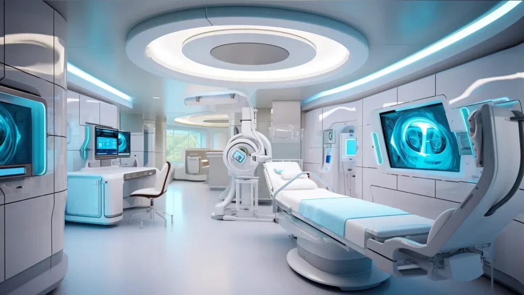An advanced neurosurgery room showcasing a Gamma Knife machine used in non-invasive neurosurgery procedures.